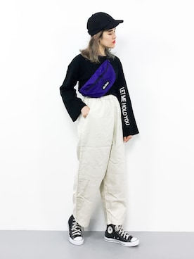 「MERLOT（メルロー）のワイドシルエット切替コクーンパンツ2966（その他パンツ）」を使った、ハマアイさん（レディース・161cm）の秋コーディネート