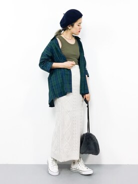 「mystic（ミスティック）のケーブルロングスカート（スカート）」を使った、ハマアイさん（レディース・161cm）の秋コーディネート