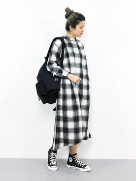 「ビッグシャツ」｜「アイテム（シャツワンピース）」を使った、ハマアイさん（レディース・161cm）の秋コーディネート