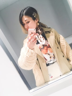 「ケーブルニット」｜「アイテム（トレンチコート）」を使った、ハマアイさん（レディース・161cm）の冬コーディネート