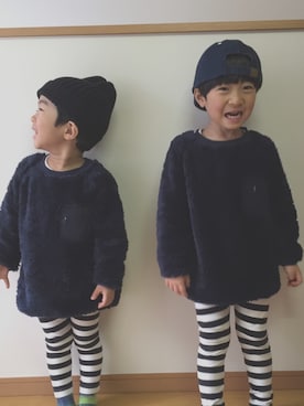 「coen（コーエン）の【coen kids】ボアクルーネック(100～150cm)（Tシャツ/カットソー、ブルー系）」を使った、sun☆cherryさん（キッズ・110cm）の冬コーディネート