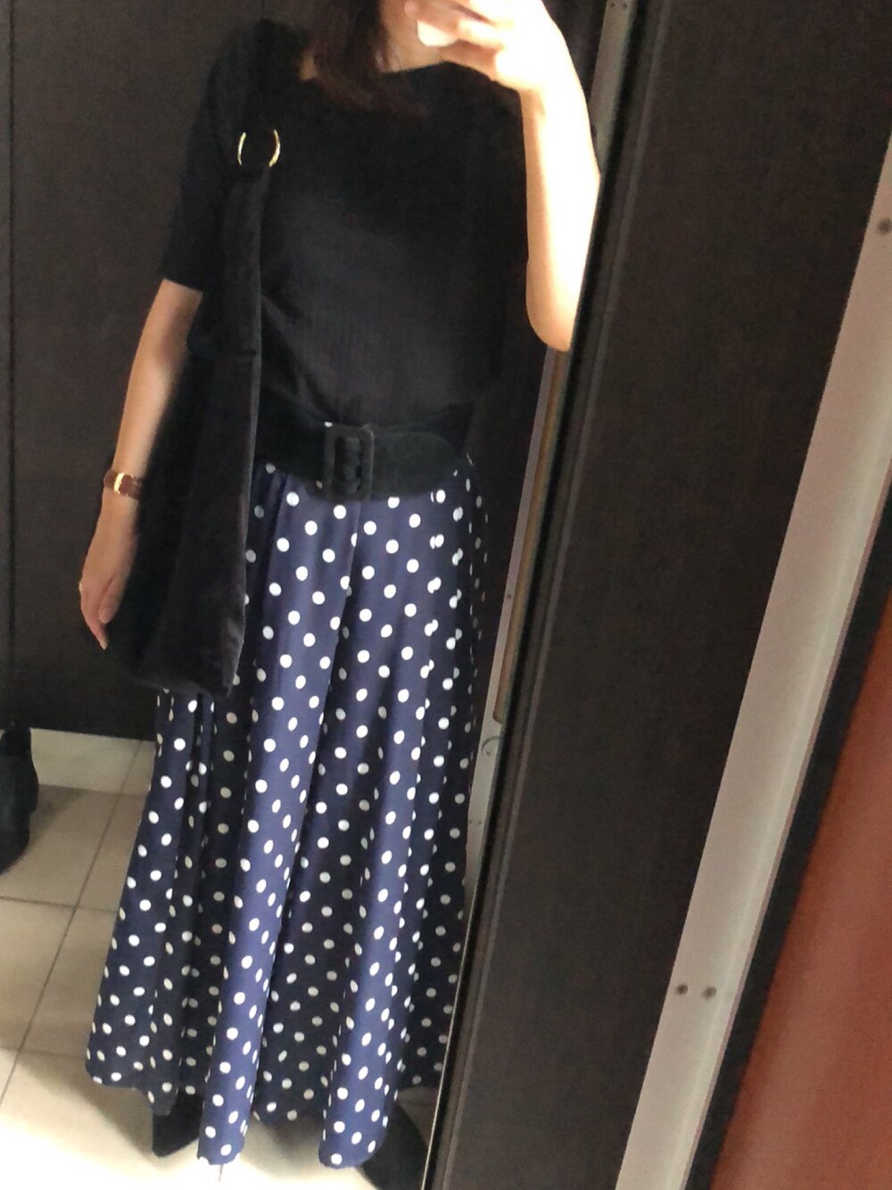 「ドット」｜「Ray BEAMSのRay BEAMS / ドット ロング スカーチョ（その他パンツ、ブルー系）」を使った、umiさん（レディース・160cm）の秋コーディネートの1枚目の写真