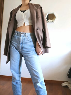 「クロップドトップス」｜「アイテム（ノーカラージャケット）」を使った、Bellaさん（レディース・157cm）の春コーディネート