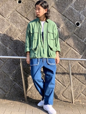 「EDWIN（エドウィン）のアイテム（オールインワン・サロペット）」を使った、にーの〔大人｜古着｜デニム〕さん（メンズ・175cm）の夏コーディネート
