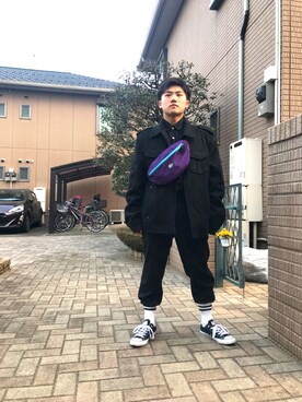 「Guess（ゲス）のアイテム（ミリタリージャケット）」を使った、Chika614さん（メンズ・160cm）の冬コーディネート