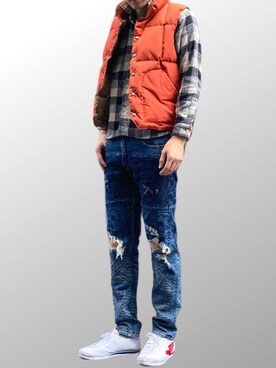 ダウンベスト オレンジ系 を使った チェックシャツ の人気ファッションコーディネート Wear