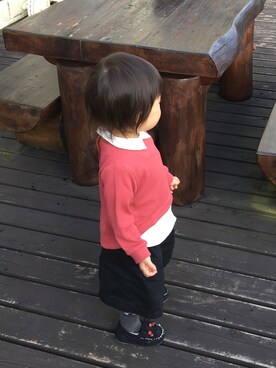 「petit main（プティマイン）の衿付きシャツレイヤード長袖Ｔシャツ（Tシャツ/カットソー、ピンク系）」を使った、773.nさん（キッズ）の冬コーディネート