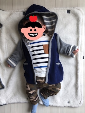 「アイテム（ロンパース、グリーン系）」を使った、まーくんさん（キッズ・60cm）の冬コーディネート