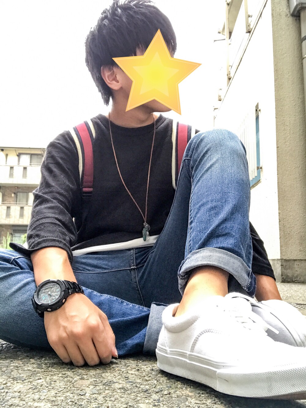 「夏、スニーカー、シンプル、おしゃれさんと繋がりたい、ビッグT、ラクチンコーデ、オトナカジュアル、リュック、スキニーデニム、VANS」｜「JEANS MATEのアイテム（トップス、ブラック系）」を使った、龍輝さん（メンズ・165cm）の夏コーディネートの1枚目の写真