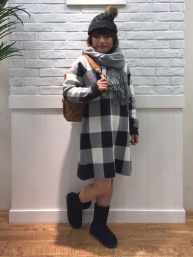 「DRESKIP（ドレスキップ）のアイテム（ニットキャップ/ビーニー）」を使った、タナさん（レディース・155cm）の冬コーディネート