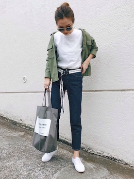 「ZOZO（ゾゾ）のスリムテーパードデニムパンツ［WOMEN］（デニムパンツ）」を使った、Oo.hiro.oOさん（レディース・159cm）の春コーディネート