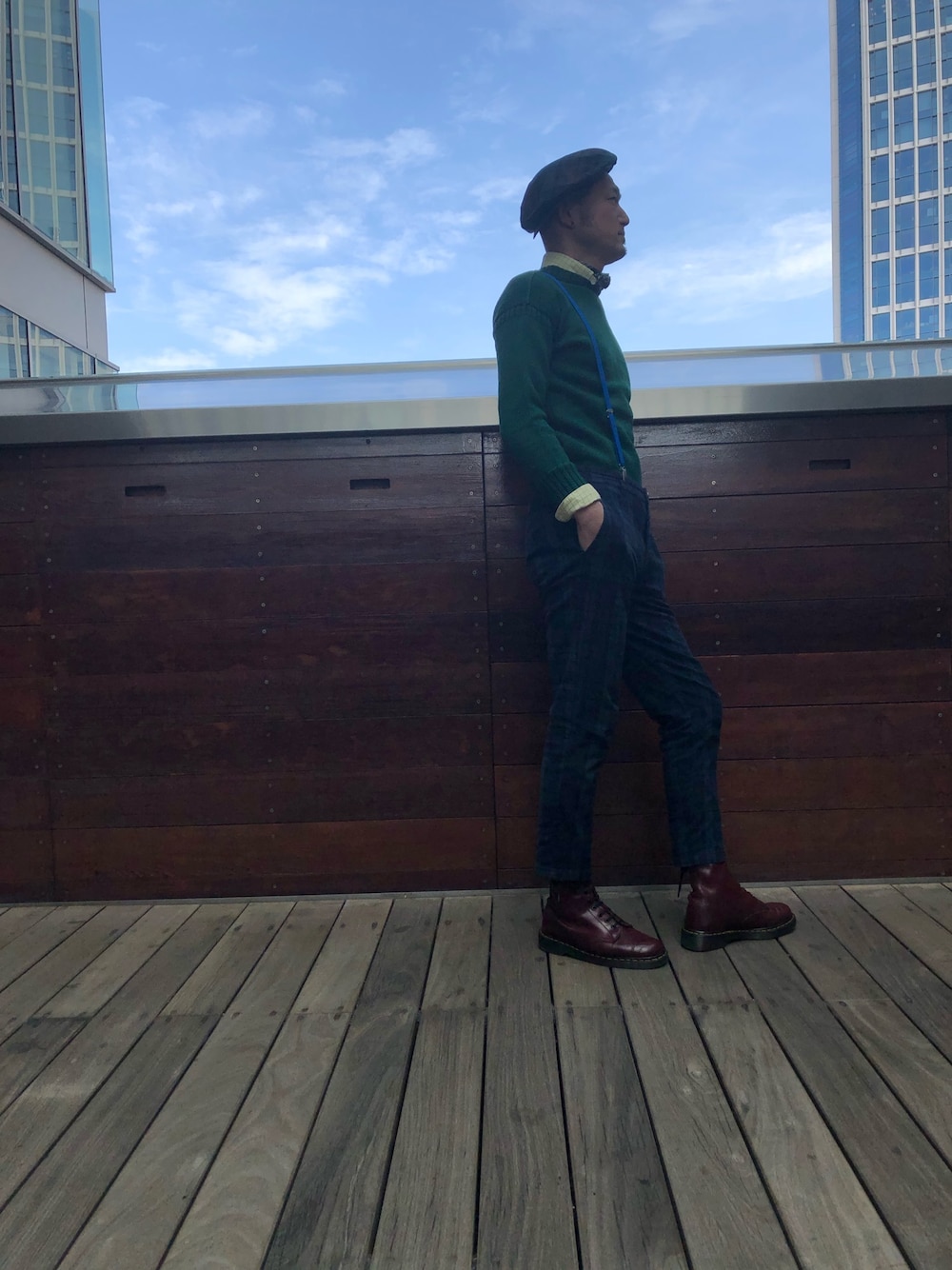 「パステル映える春、大人カジュアル、ootd、チェックパンツ、サスペンダー、シャムズ、媚びないシャツ、デカダンス、ダンディズム」｜「SHAMSのアイテム（シャツ/ブラウス、イエロー系）」を使った、shamsoftokyoさん（メンズ・173cm）の春コーディネートの1枚目の写真