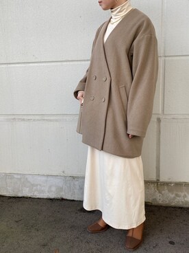「KBF（ケイビーエフ）のアイテム（ノーカラージャケット）」を使った、kaeee19さん（レディース・154cm）の冬コーディネート