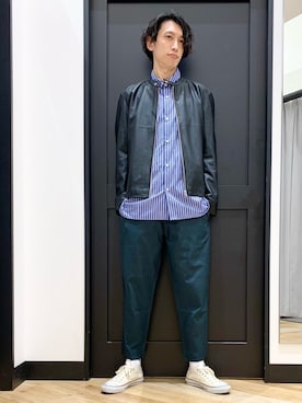 「PLUS ONE（プラスワン）のアイテム（ライダースジャケット）」を使った、田中さとるさん（メンズ・182cm）の春コーディネート
