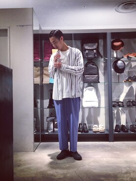 「UNITED TOKYO（ユナイテッドトウキョウ）のストライプリラックスレギュラーシャツ（シャツ/ブラウス、ホワイト系）」を使った、kzk_utさん（メンズ・180cm）の夏コーディネート