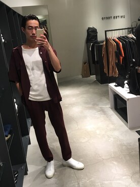 「UNITED TOKYO（ユナイテッドトウキョウ）のサテンオープンカラーシャツ（シャツ/ブラウス、レッド系）」を使った、kzk_utさん（メンズ・180cm）の夏コーディネート