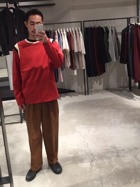 「UNITED TOKYO（ユナイテッドトウキョウ）のラインカットソー（ニット/セーター、レッド系）」を使った、kzk_utさん（メンズ・180cm）の夏コーディネート