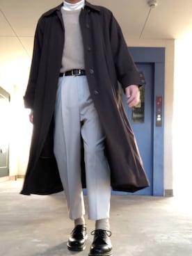 「WYM」｜「アイテム（ステンカラーコート）」を使った、消火器さん（メンズ・172cm）の冬コーディネート