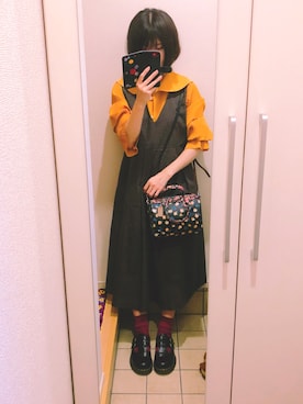 「マスタード」｜「アイテム（ジャンパースカート）」を使った、ぺんさん（レディース・157cm）の秋コーディネート