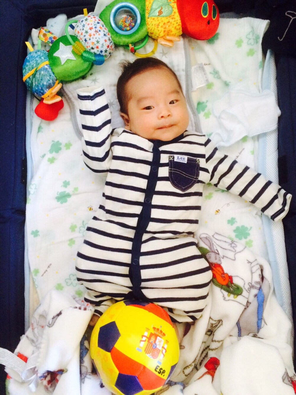 「baby、LEE、soccer、ボーダー」｜「LeeのLee / ボーダーロンパース 16AW（ロンパース、ブルー系）」を使った、snaopさん（キッズ・70cm）の春コーディネートの1枚目の写真