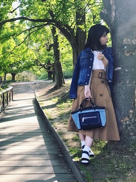 「スポサン」｜「アイテム（デニムジャケット）」を使った、hikaru☺︎さん（レディース・152cm）の春コーディネート