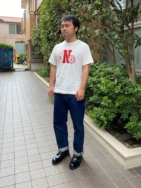 「WAREHOUSE（ウエアハウス）のアイテム（T恤/上装、ホワイト系）」を使った、tmge5217さん（メンズ・162cm）の夏コーディネート