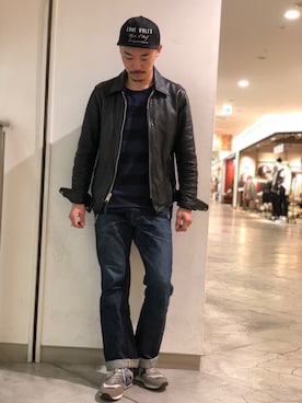 「ルード」｜「アイテム（ライダースジャケット）」を使った、Yasunori Chijiwaさん（メンズ・175cm）の秋コーディネート