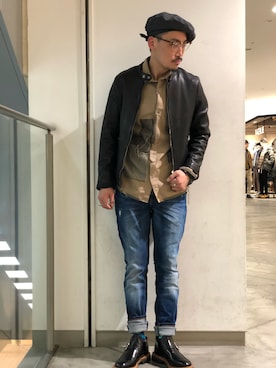 「NCB neat caprice brand（エヌシービーニートカプリスブランド）のアイテム（ライダースジャケット）」を使った、Yasunori Chijiwaさん（メンズ・175cm）の冬コーディネート