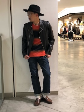 「ルード」｜「アイテム（ライダースジャケット）」を使った、Yasunori Chijiwaさん（メンズ・175cm）の冬コーディネート