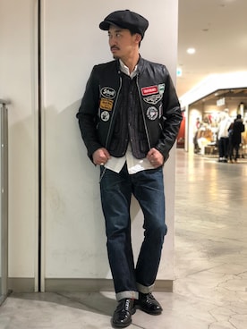 「ワッペン」｜「アイテム（ライダースジャケット）」を使った、Yasunori Chijiwaさん（メンズ・175cm）の冬コーディネート