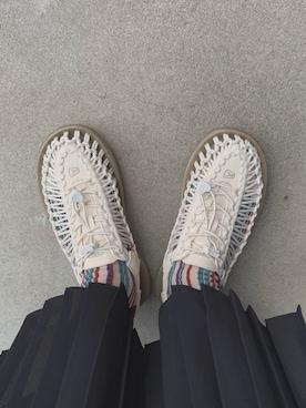 「KEEN（キーン）のアイテム（サンダル、ベージュ系）」を使った、Ricさん（レディース・156cm）の夏コーディネート