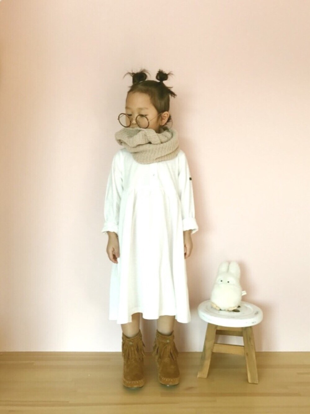 「まっしろしろすけはここだ！！、ジブリ、小トトロ」｜「RODEO CROWNS WIDE BOWLのラウンド クリア グラス（サングラス、ブラウン系）」を使った、になこ＊さん（キッズ・100cm）の冬コーディネートの1枚目の写真