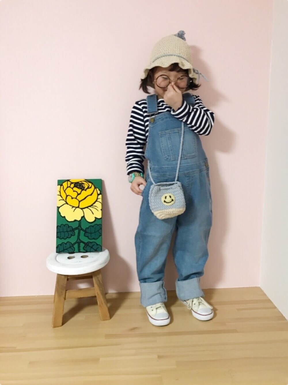 「あおmade、あおmadeフェス告知」｜「あおmade ミニフキン帽 タッセルのアイテム（ハット、ベージュ系）」を使った、になこ＊さん（キッズ・100cm）の春コーディネートの1枚目の写真