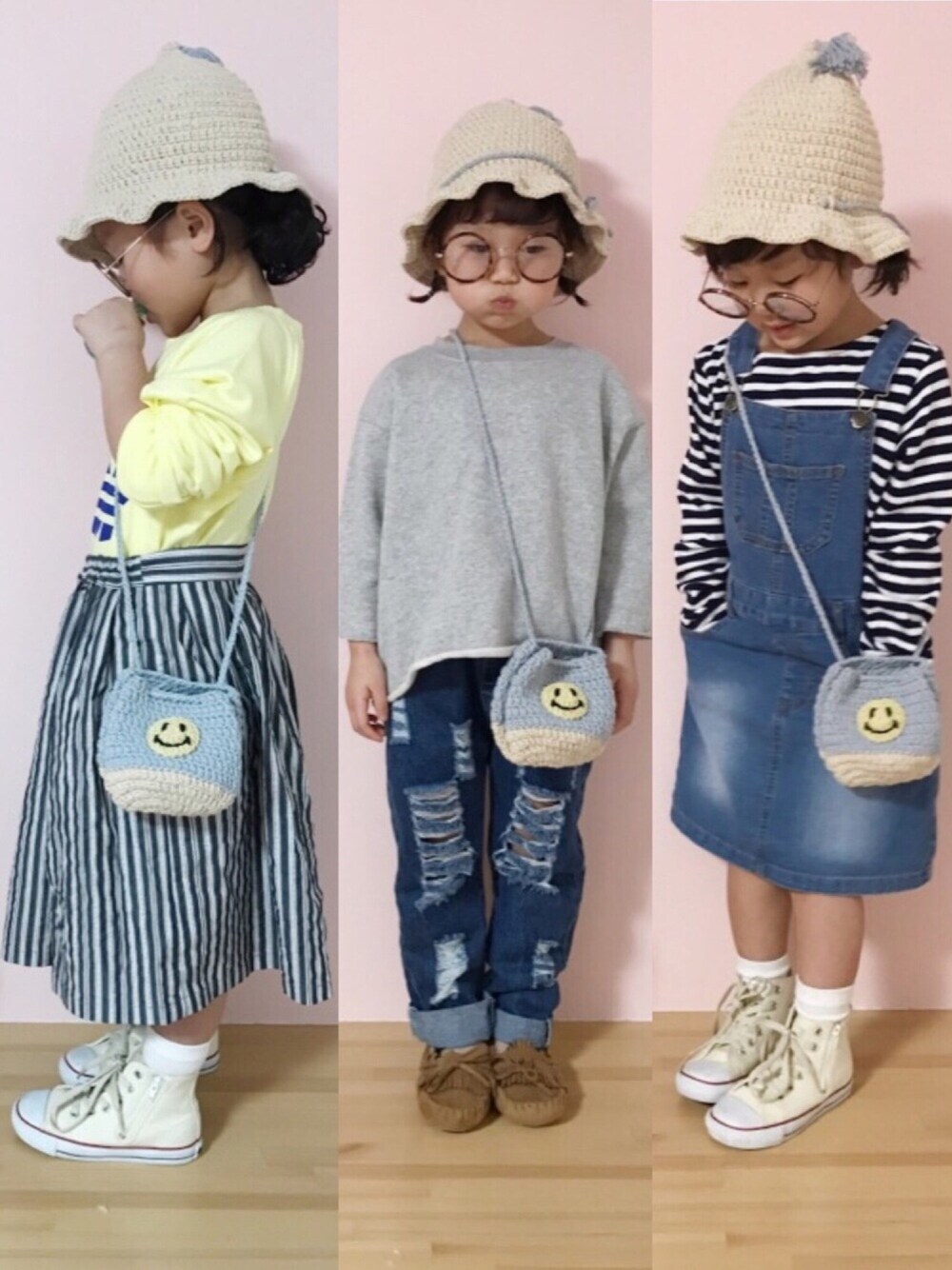 「あおmade、ミニフキン帽、ダメージデニムパンツ、ストライプスカート、イエロー、converse、サロペット」｜「あおmade ミニフキン帽 タッセルのアイテム（ハット、ベージュ系）」を使った、になこ＊さん（キッズ・100cm）の春コーディネートの1枚目の写真