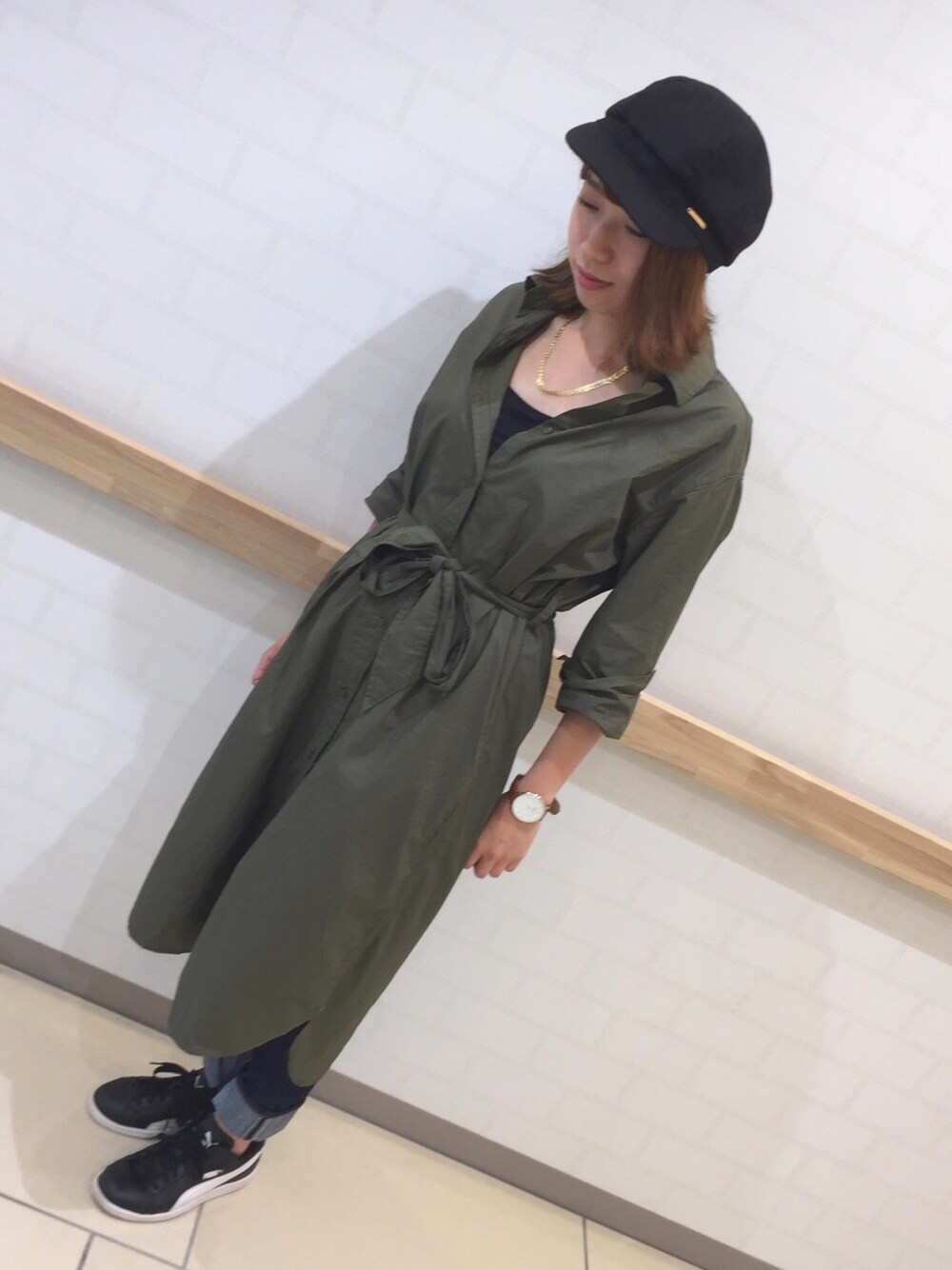 「AMERICAN HOLIC、AMERICANHOLIC、シャツワンピ、オトナカジュアル、きまわし、ストライプインターナショナル、ガウンワンピース、ガウン」｜「AMERICAN HOLICのアイテム（シャツワンピース、グリーン系）」を使った、︎︎︎︎mai‪︎‬🌷*ﾟさん（レディース・153cm）の秋コーディネートの1枚目の写真