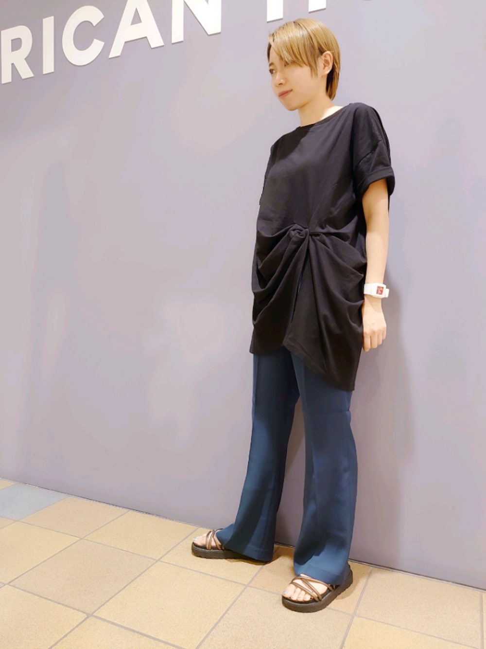 「大人カジュアル、オトナ女子、ラクチンコーデ、アメリカンホリック、AMERICAN HOLIC、ストライプインターナショナル、細見えパンツ、夏秋ミックス、きれいめカジュアル、アメホリ」｜「AMERICAN HOLICのフットベッドコードサンダル　＊（サンダル、その他）」を使った、︎︎︎︎mai‪︎‬🌷*ﾟさん（レディース・154cm）の夏コーディネートの1枚目の写真