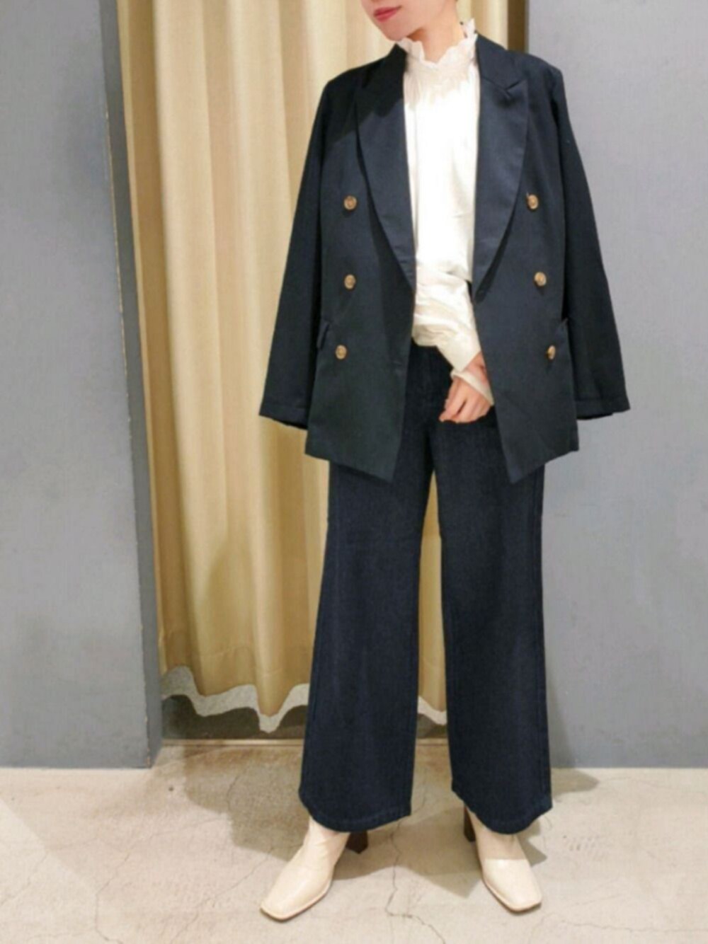 「アメホリ、AMERICAN HOLIC、アメリカンホリック、ワイドパンツ、デニムパンツ、低身長、きれいめカジュアル、プチプラ、シンプル、ジャケット」｜「AMERICAN HOLICのWテーラードジャケット（テーラードジャケット、ブルー系）」を使った、︎︎︎︎mai‪︎‬🌷*ﾟさん（レディース・154cm）の春コーディネートの1枚目の写真