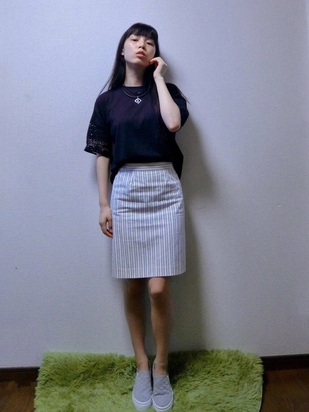 「SLOBE IENAのドビーストライプ柄 タイトスカート。（スカート、ブルー系）」を使った、Myuさん（レディース・159cm）の夏コーディネートの1枚目の写真