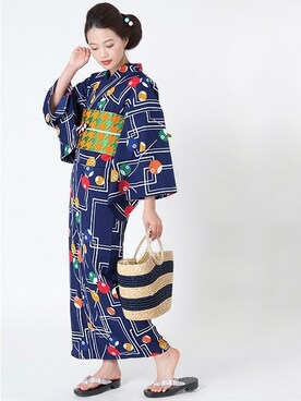KIMONOMACHIさんの「浴衣帯 昭和レトロ 千鳥　橙×緑」を使ったコーディネート