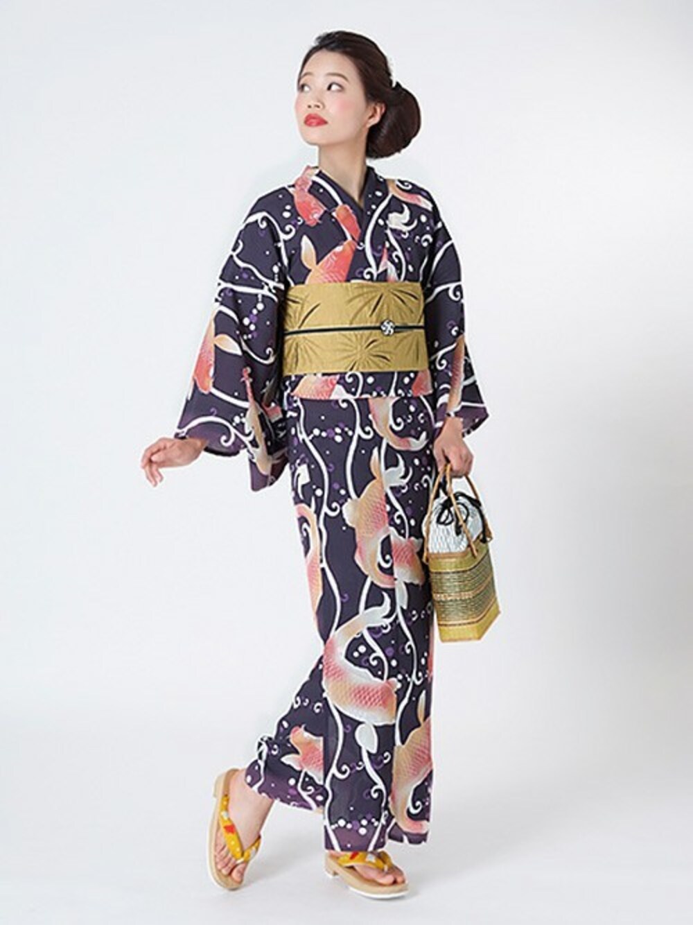 ◆ノー皺加工最高級カルキュロ◆変わり織り涼しげ紫紺色コイ（鯉）のモダン浴衣 Prices down】京都きもの町オリジナル 浴衣単品「紫紺色 鯉