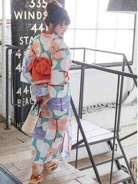 KIMONOMACHIさんの「浴衣帯単品　半幅帯　オレンジレッド　カタバミ　」を使ったコーディネート
