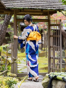 「浴衣　青」｜KIMONOMACHIさん（レディース・168cm）の夏コーディネート