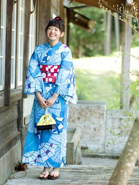 kimonomachi（キモノマチ）の「女性 浴衣 単品 水色レトロ傘 浴衣