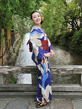 「浴衣　青」｜KIMONOMACHIさん（レディース・166cm）の夏コーディネート