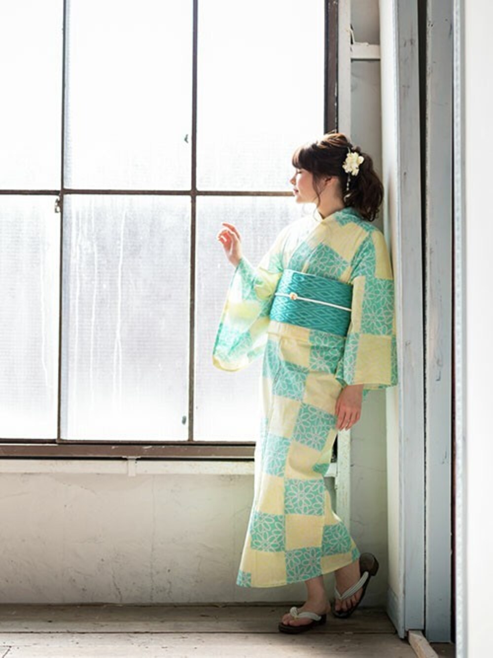KIMONOMACHIさんの「浴衣帯単品　半幅帯　青緑色　菱格子　（kimonomachi）」を使ったコーディネート