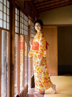 KIMONOMACHIさんの「浴衣帯単品　半幅帯　オレンジレッド　カタバミ　」を使ったコーディネート