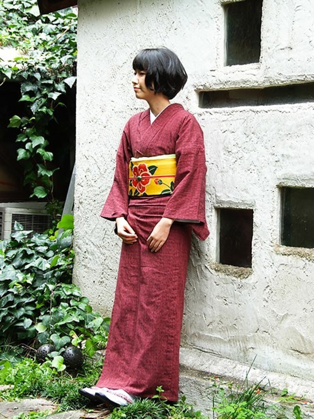 KIMONOMACHIさんの「木綿着物単品 ボルドー格子（kimonomachi）」を使ったコーディネート