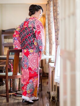 KIMONOMACHIさんの「京袋帯　赤×黒 藤」を使ったコーディネート