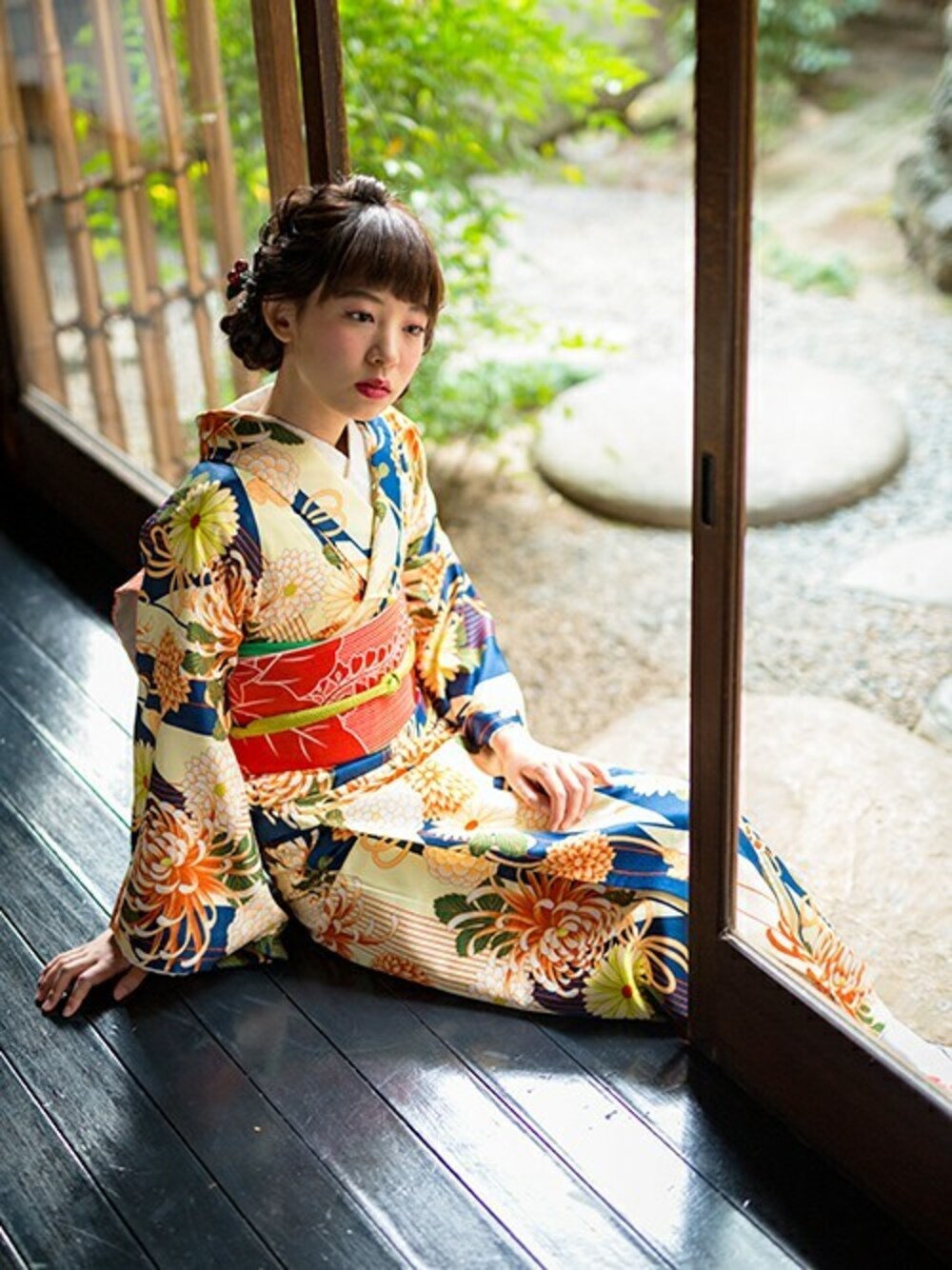 「京都、着物、レトロ、和装、和服、きもの、帯、大正浪漫、夢館、kimonomachi」｜「kimonomachiの京袋帯　朱赤ストライプに桐（和装小物、レッド系）」を使った、KIMONOMACHIさん（レディース・168cm）の秋コーディネートの1枚目の写真