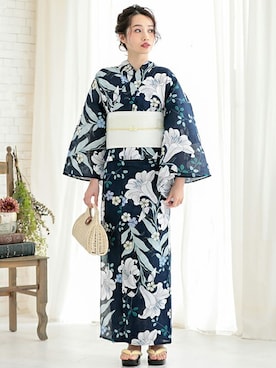 「ネイビー×ホワイト」｜「アイテム（浴衣）」を使った、KIMONOMACHIさん（レディース・165cm）の夏コーディネート